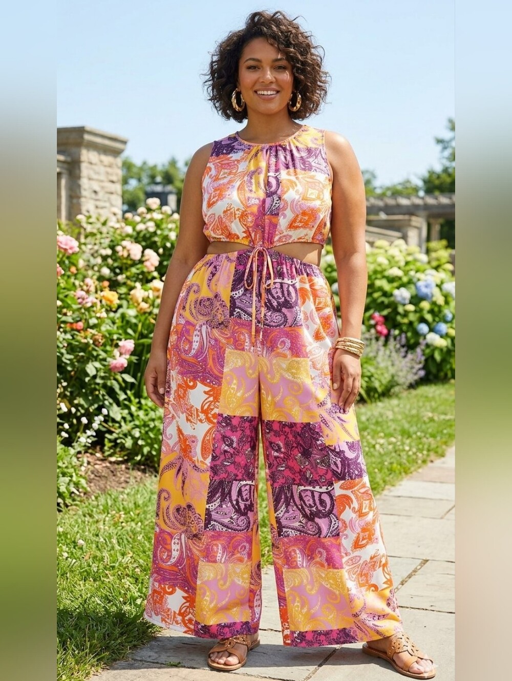 Eloquii Plus Size 28 Vibrant Paisley Patchwork Wide Leg Cut Jumpsuit